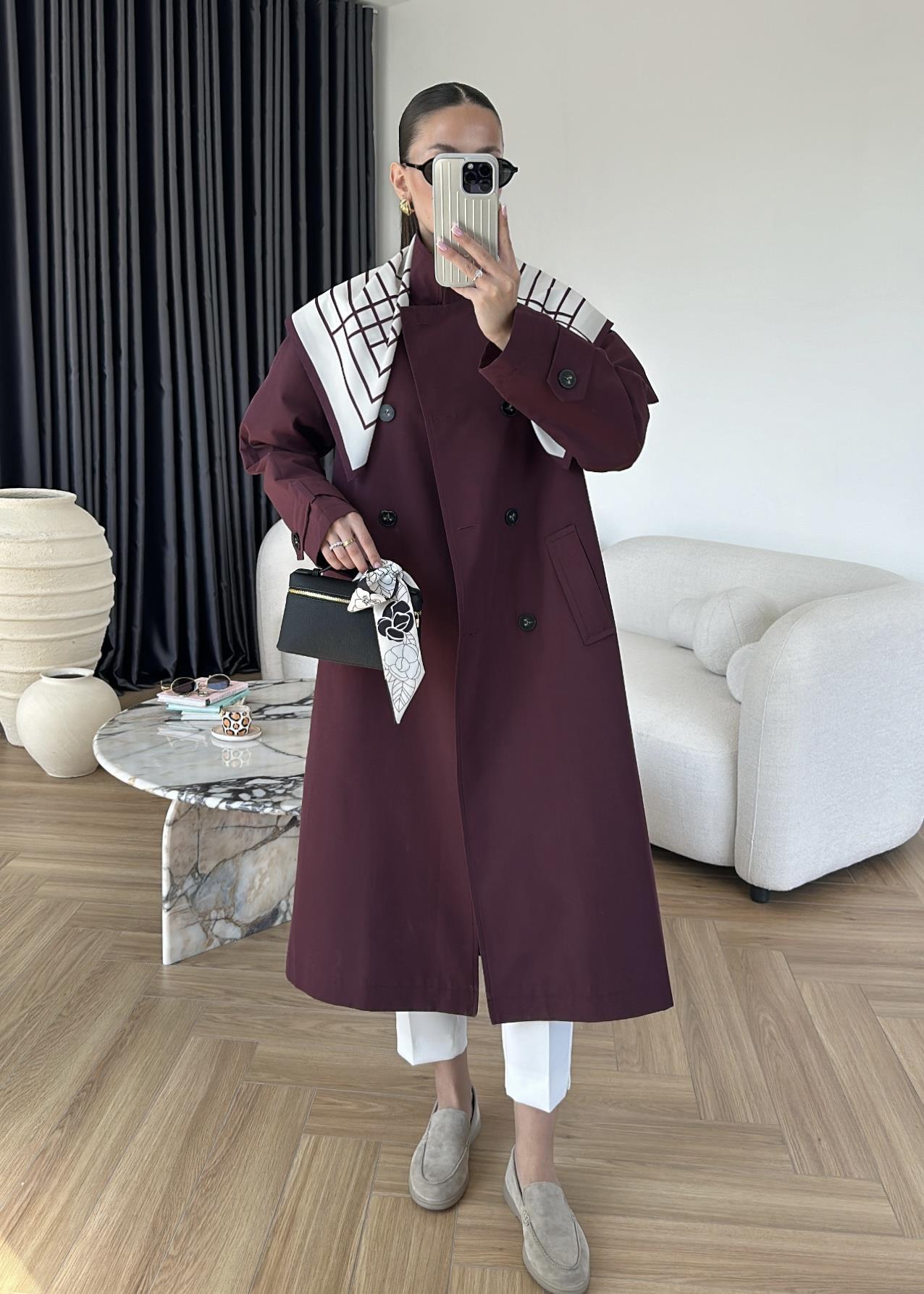 Fularlı Uzun Trençkot