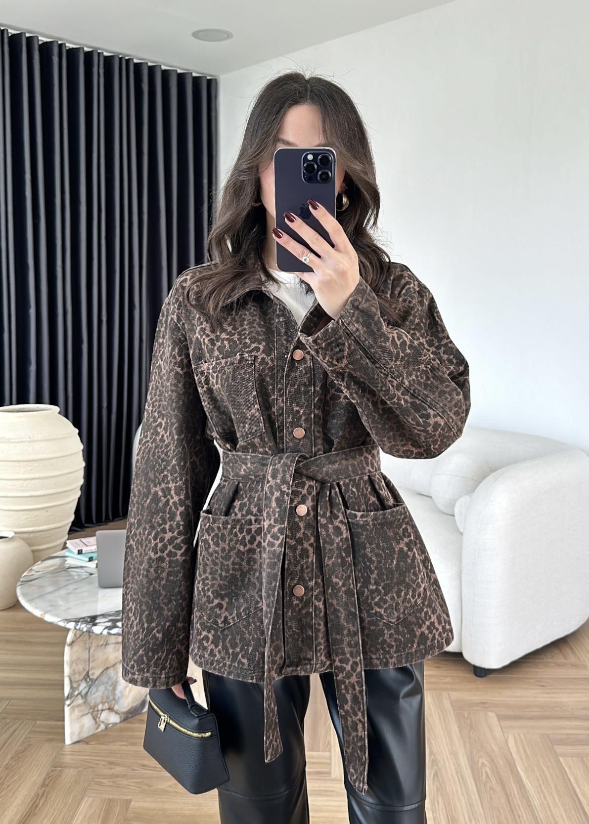Mini Leopar Desen Denim Ceket