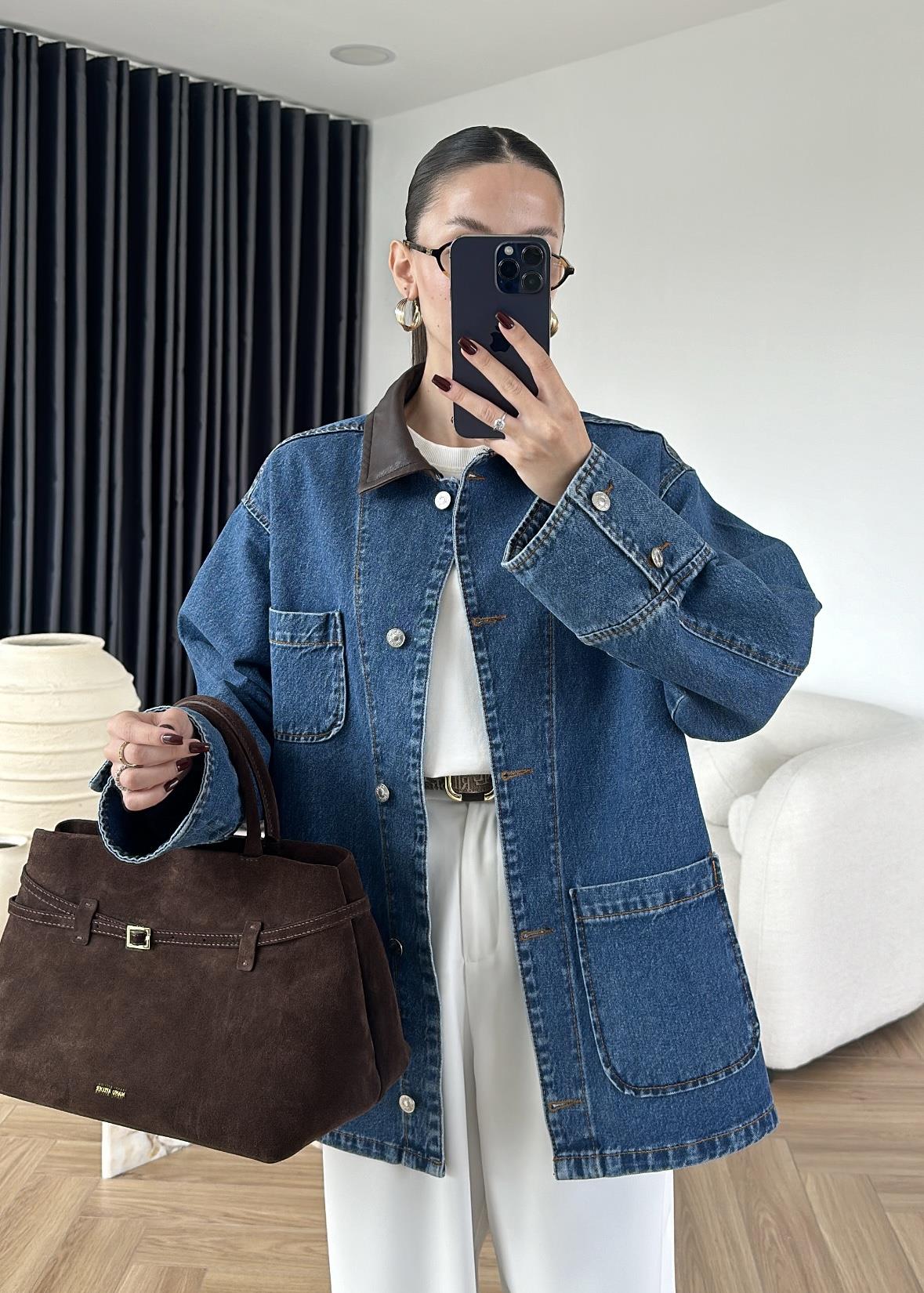 Yakası Deri Detaylı Denim Ceket