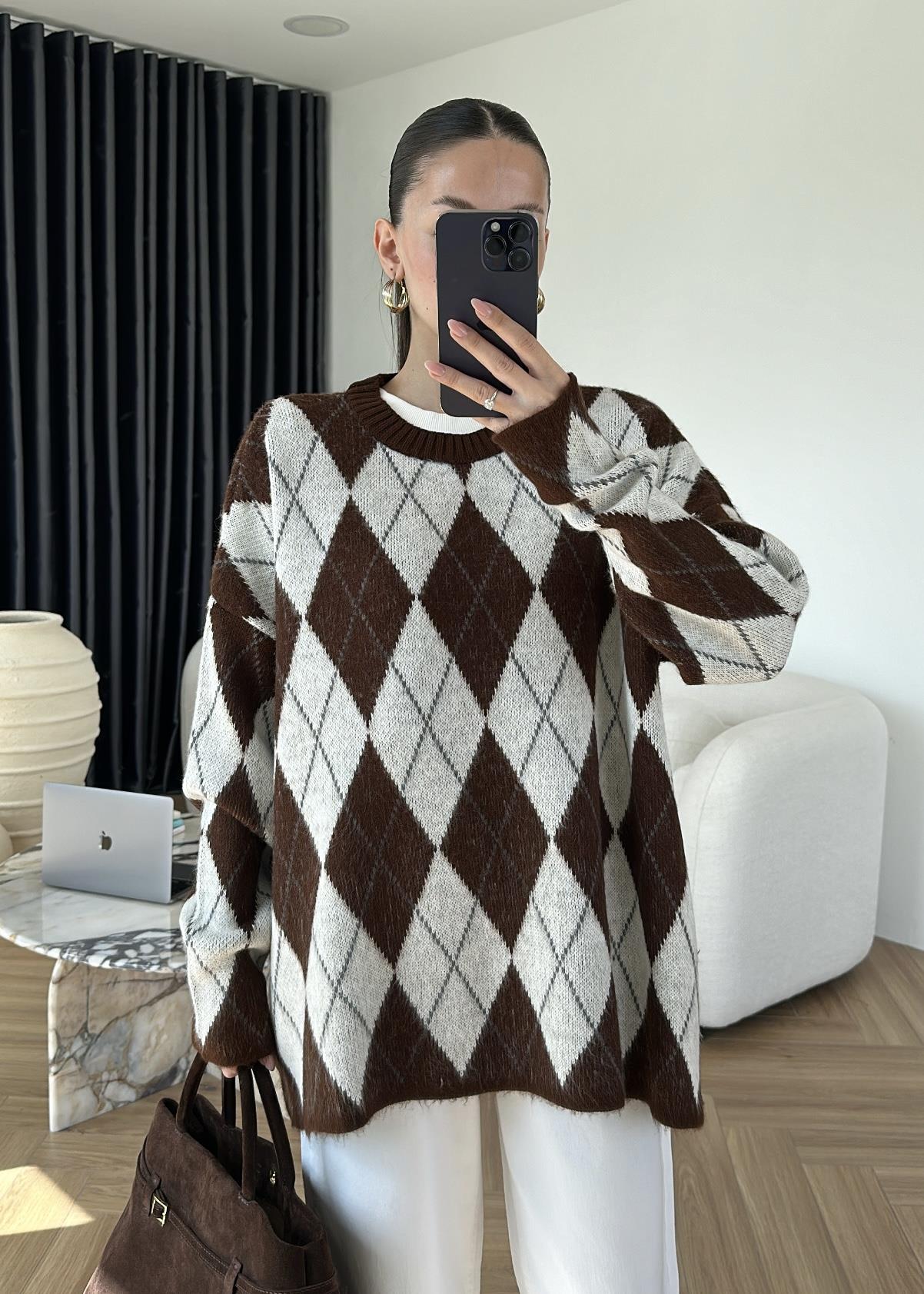 Baklava Desenli Oversize Kazak