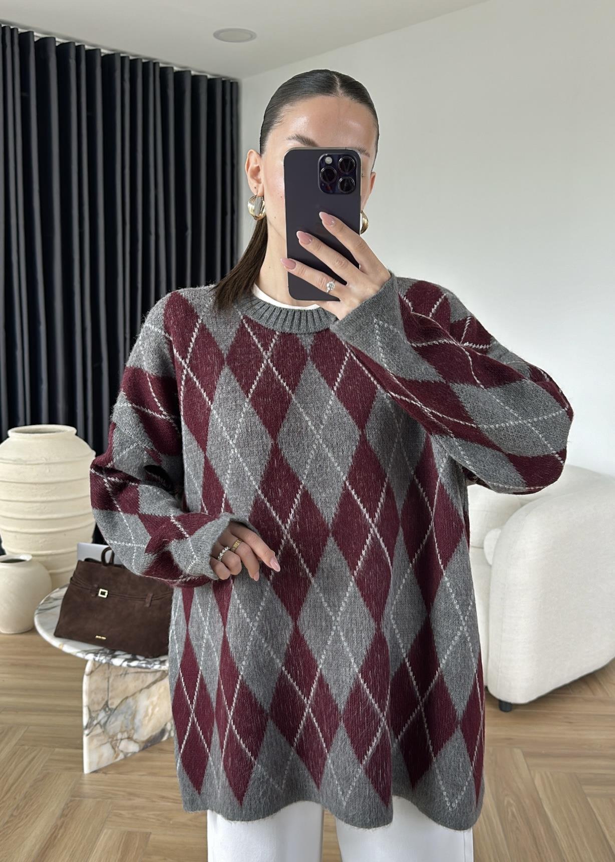 Baklava Desenli Oversize Kazak