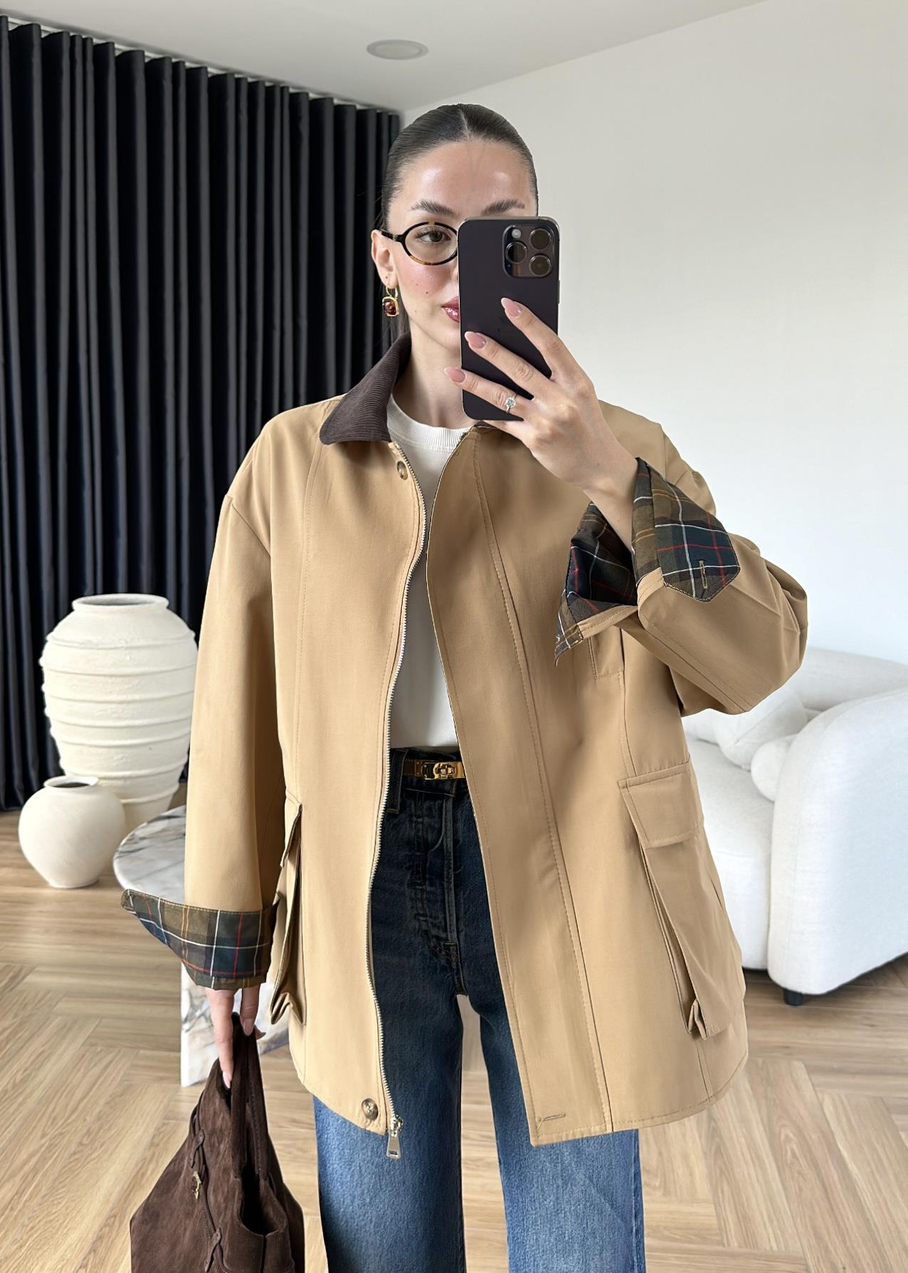 Torba Cepli Ekose Detaylı Ceket
