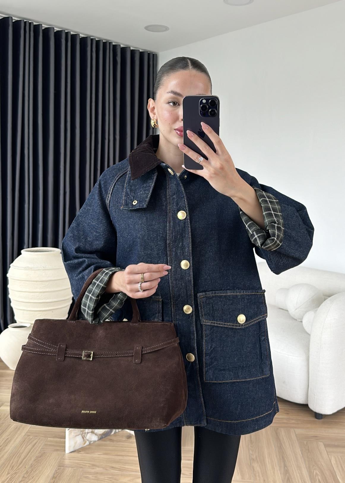 Kadife Yakalı Ekoseli Denim Ceket