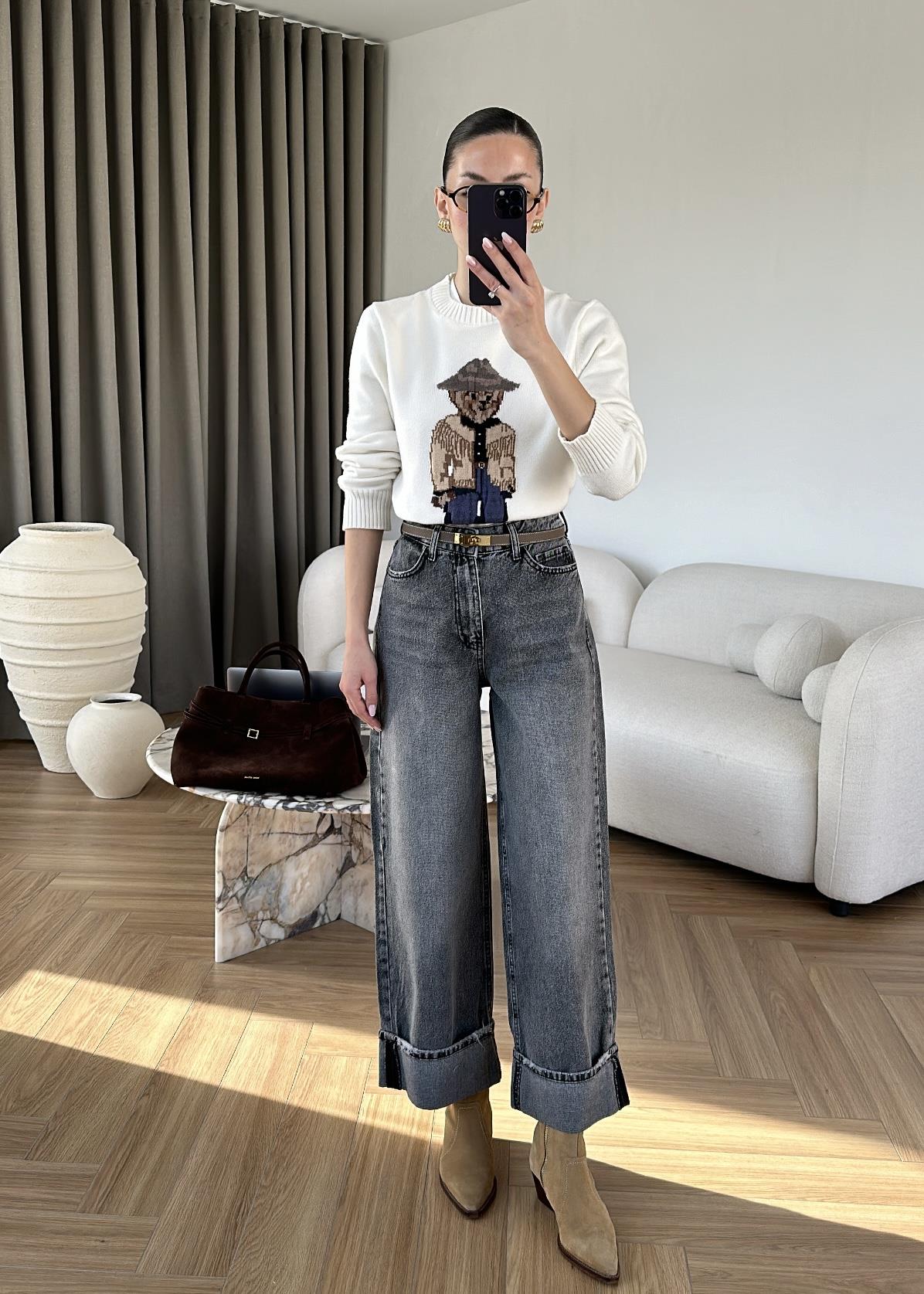 Bilek Boy Paçası Katlı Jean