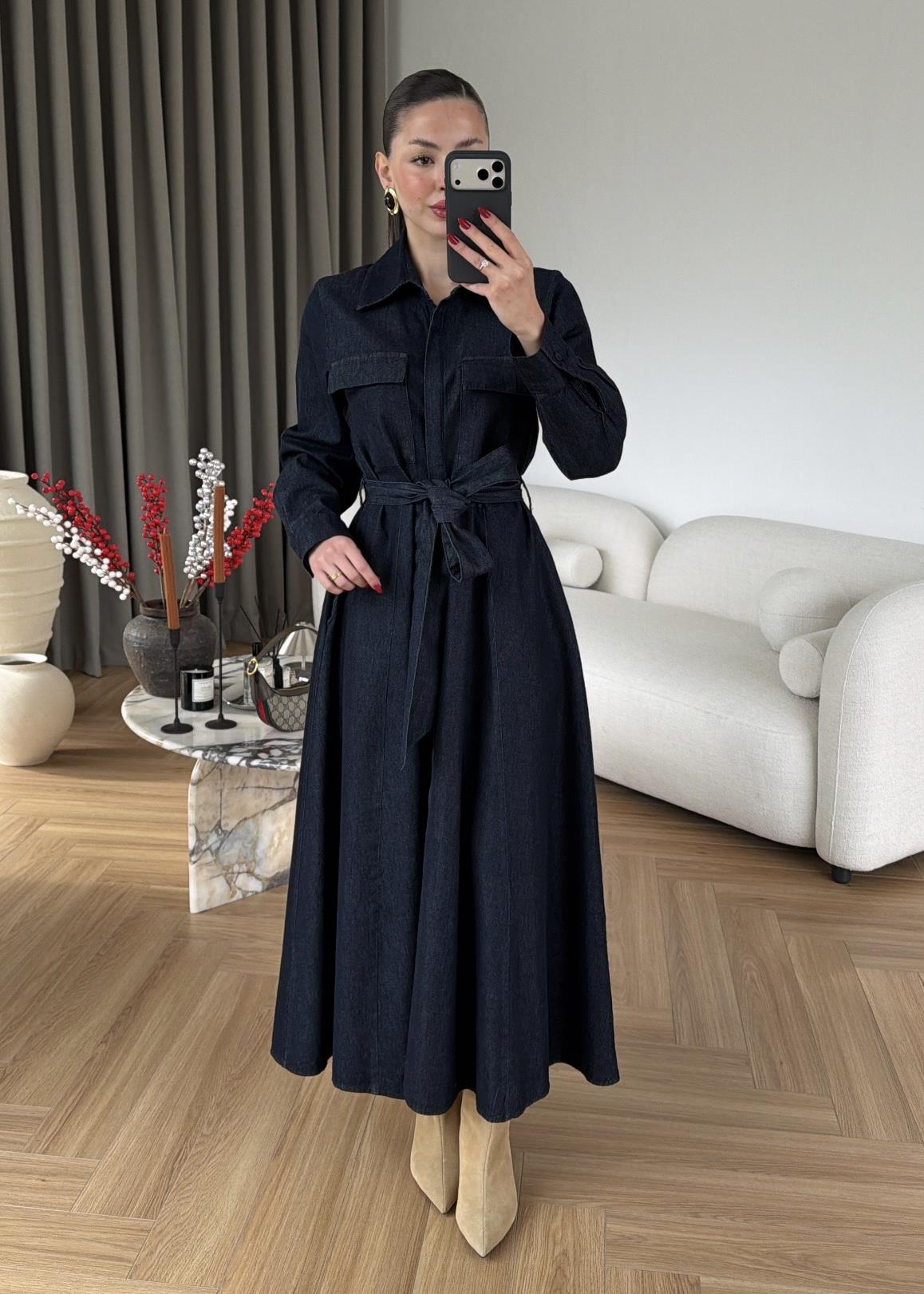 Volanlı Denim Elbise