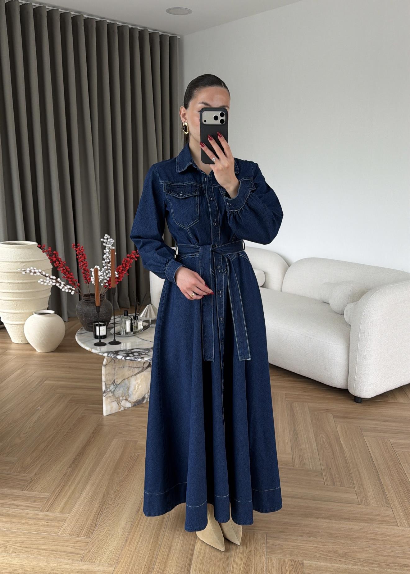 Henry Kontrast Dikişli Denim Elbise