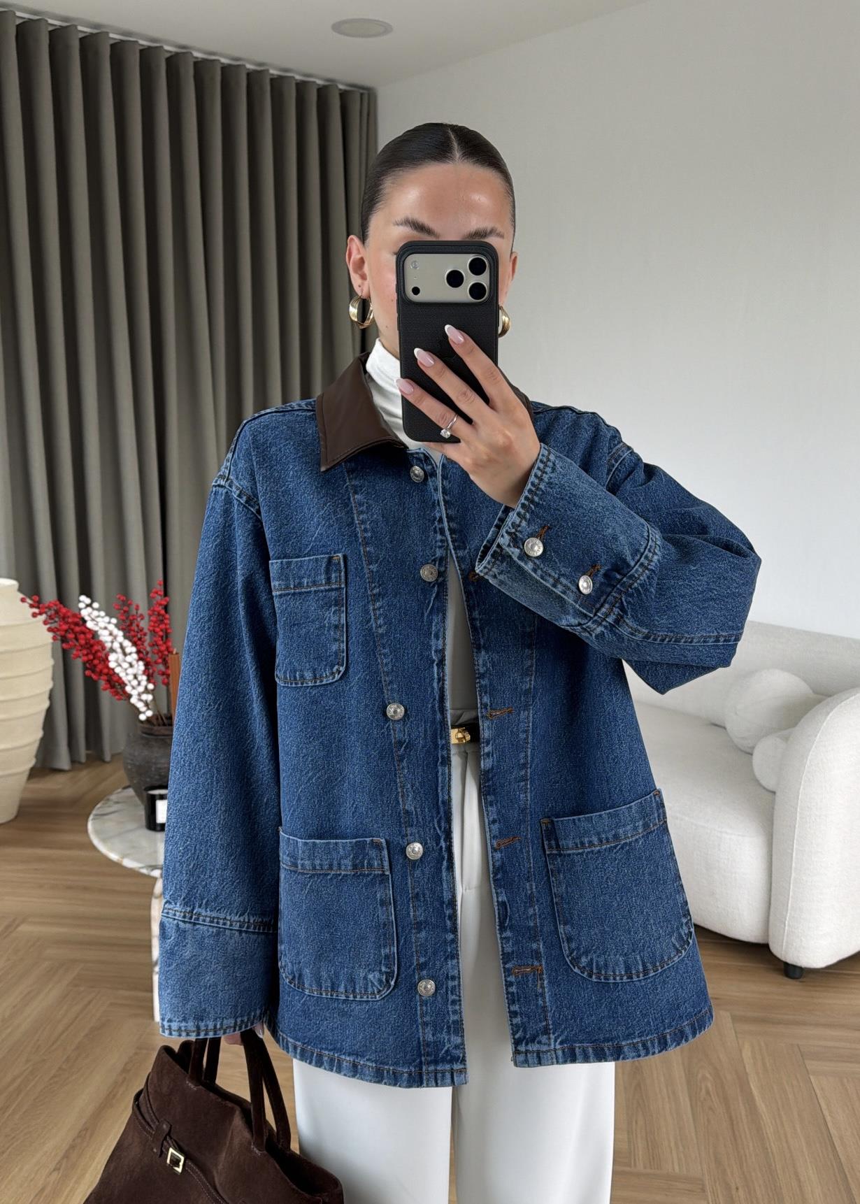Pablo Deri Detaylı Denim Ceket