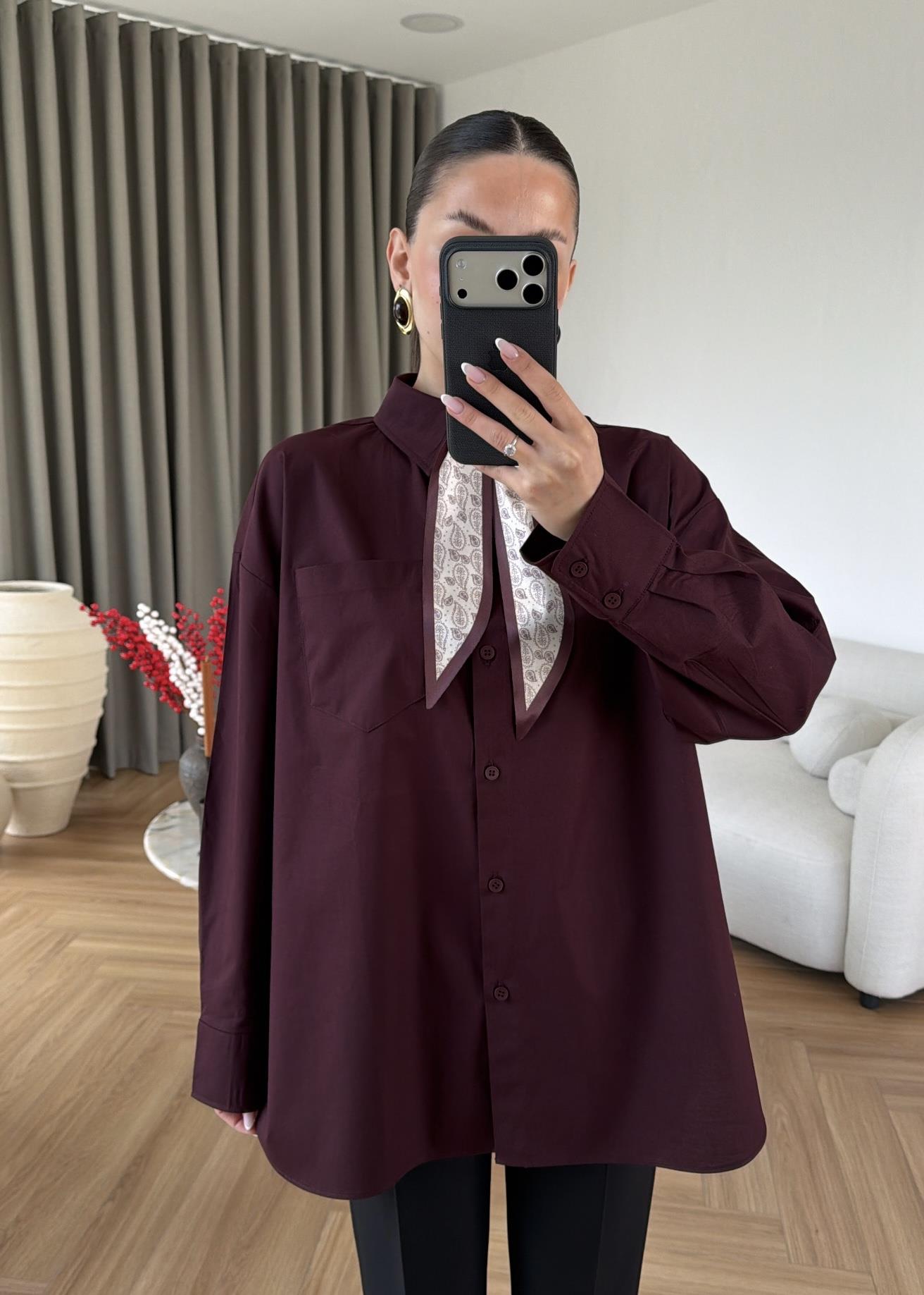 Etnik Fularlı Poplin Gömlek