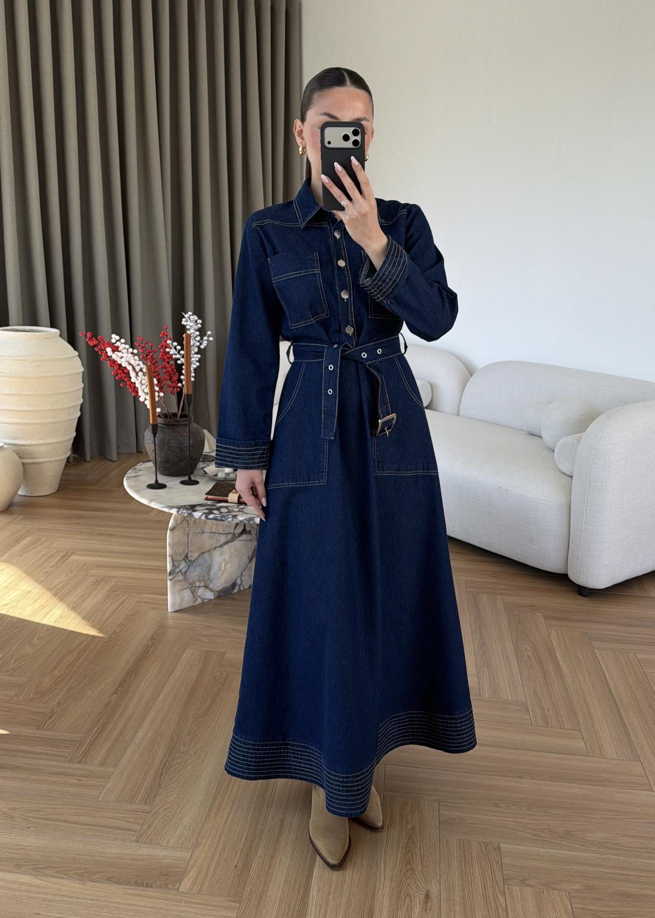 Rosa Dikiş Detaylı Denim Elbise