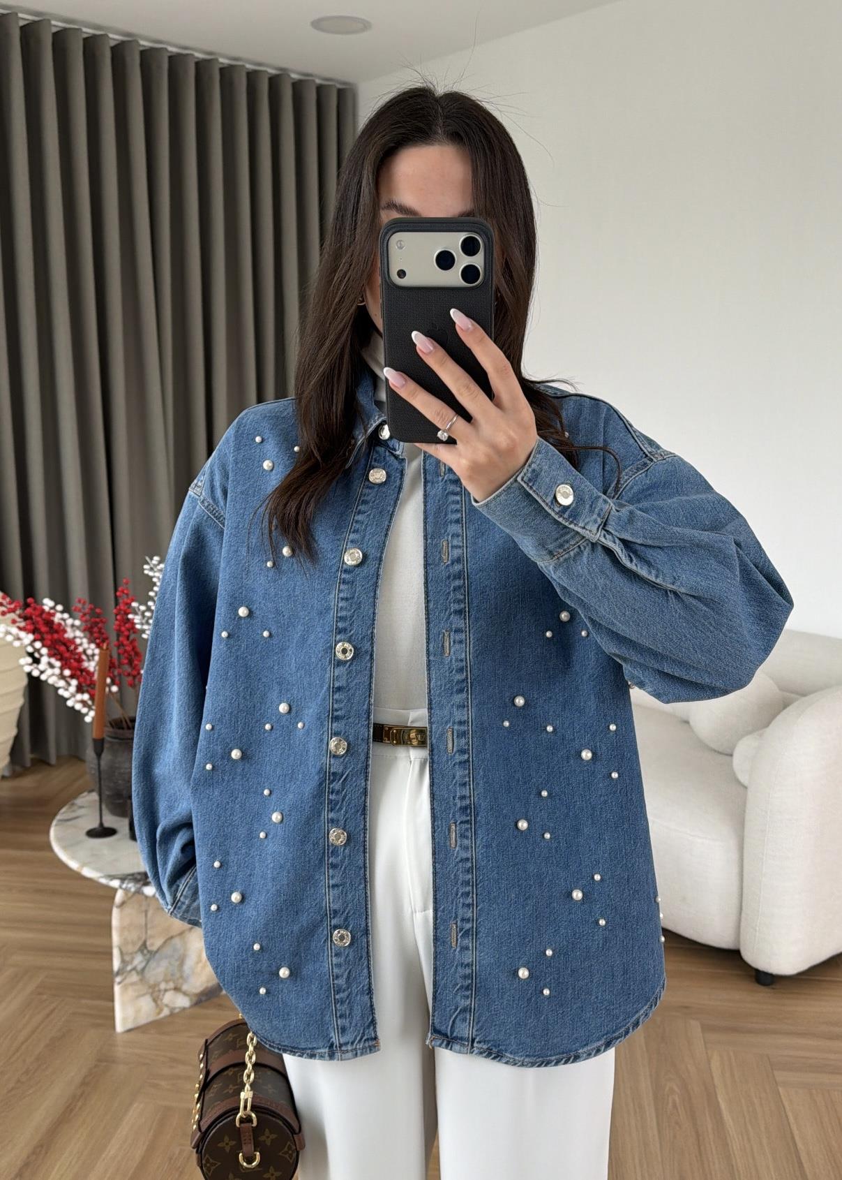İncili Denim Gömlek Ceket