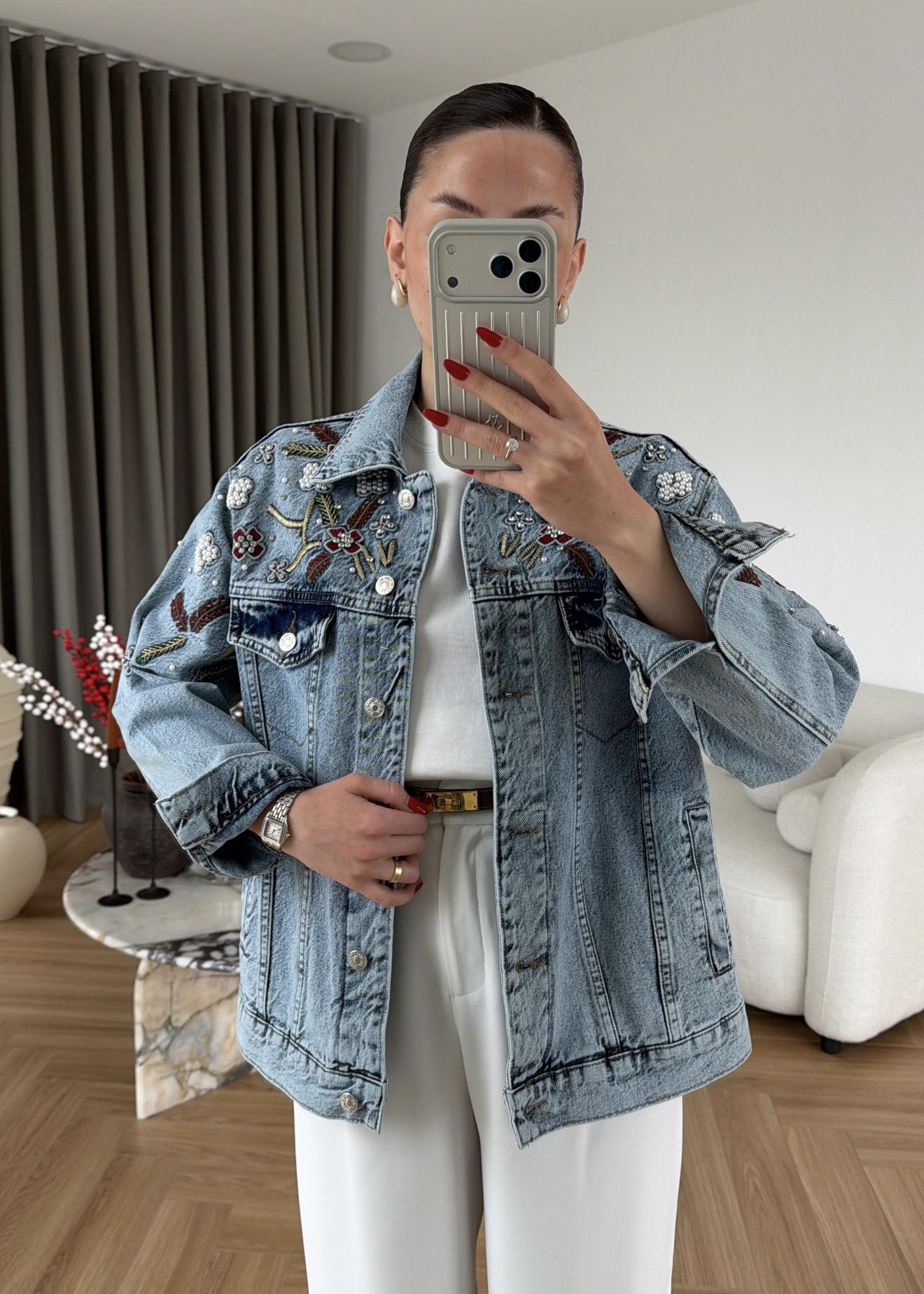 Nakışlı Taşlı Denim Ceket