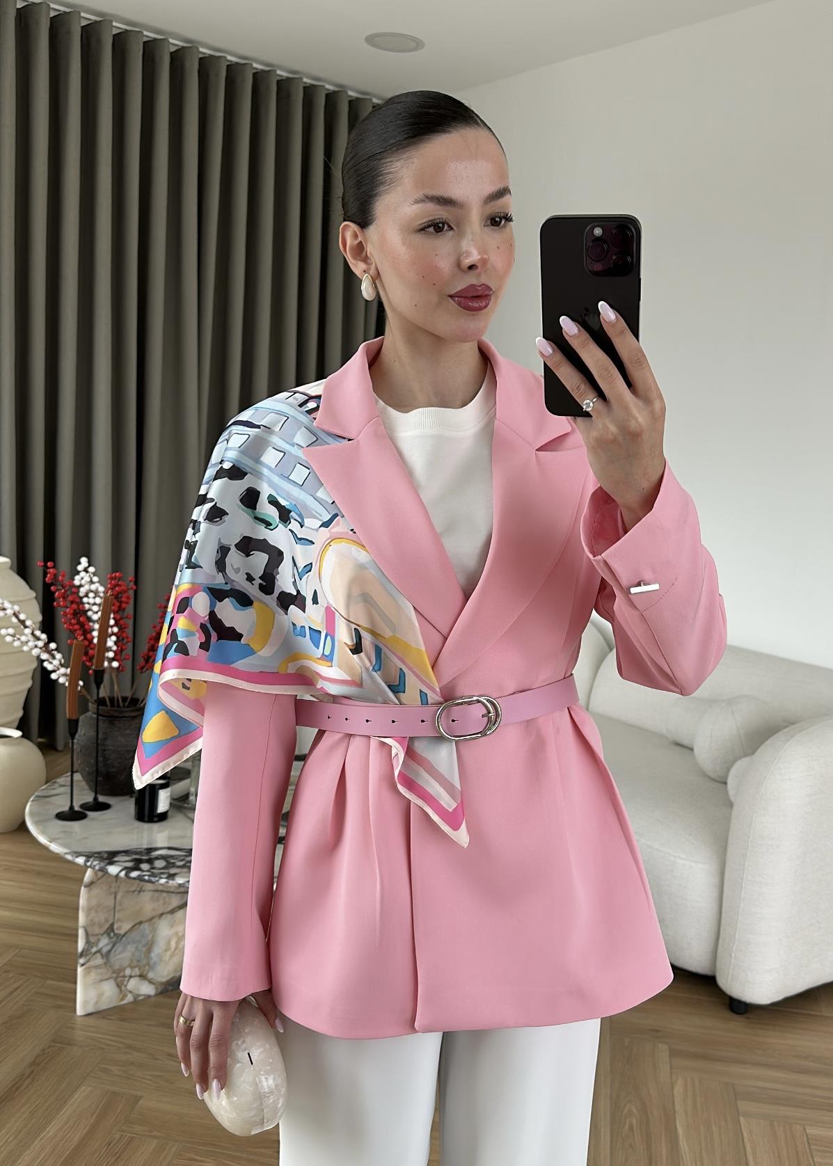 Şallı Deri Kemerli Blazer