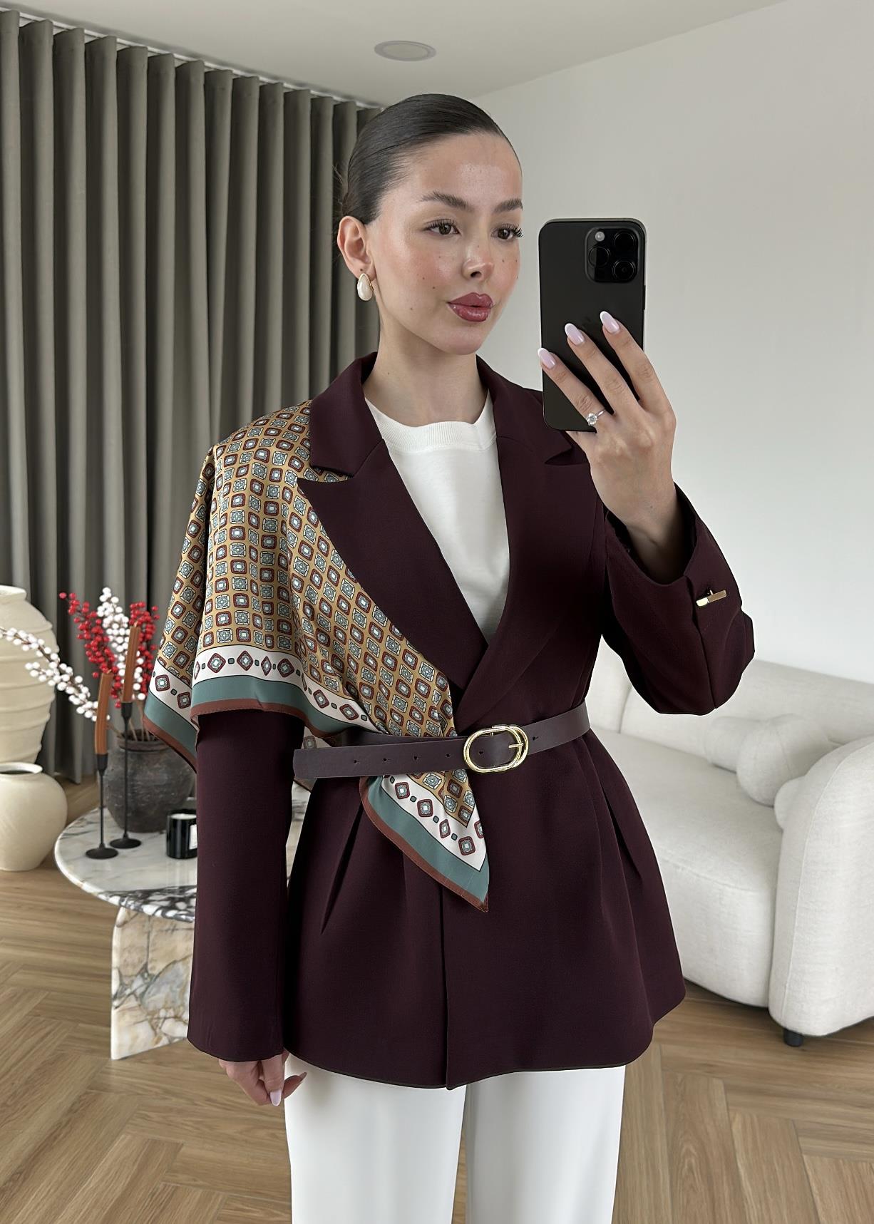 Şallı Deri Kemerli Blazer