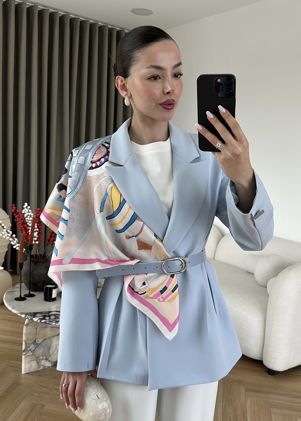 Şallı Deri Kemerli Blazer