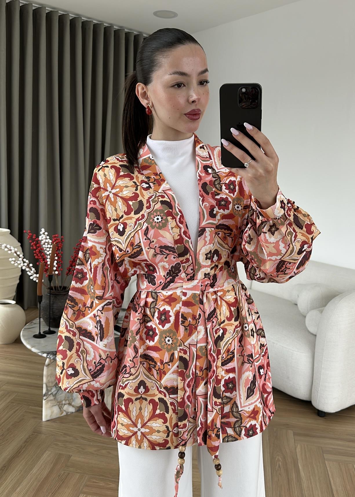 Ebru Desenli Keten Kimono
