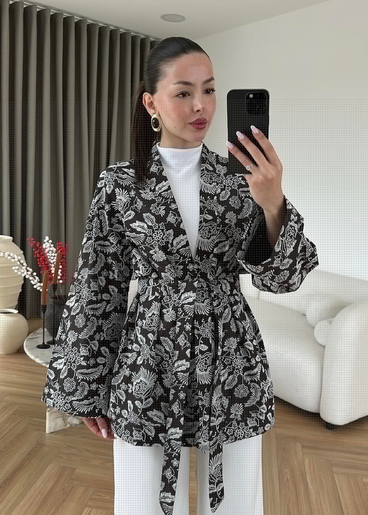 Yaprak Baskılı Kuşaklı Kimono