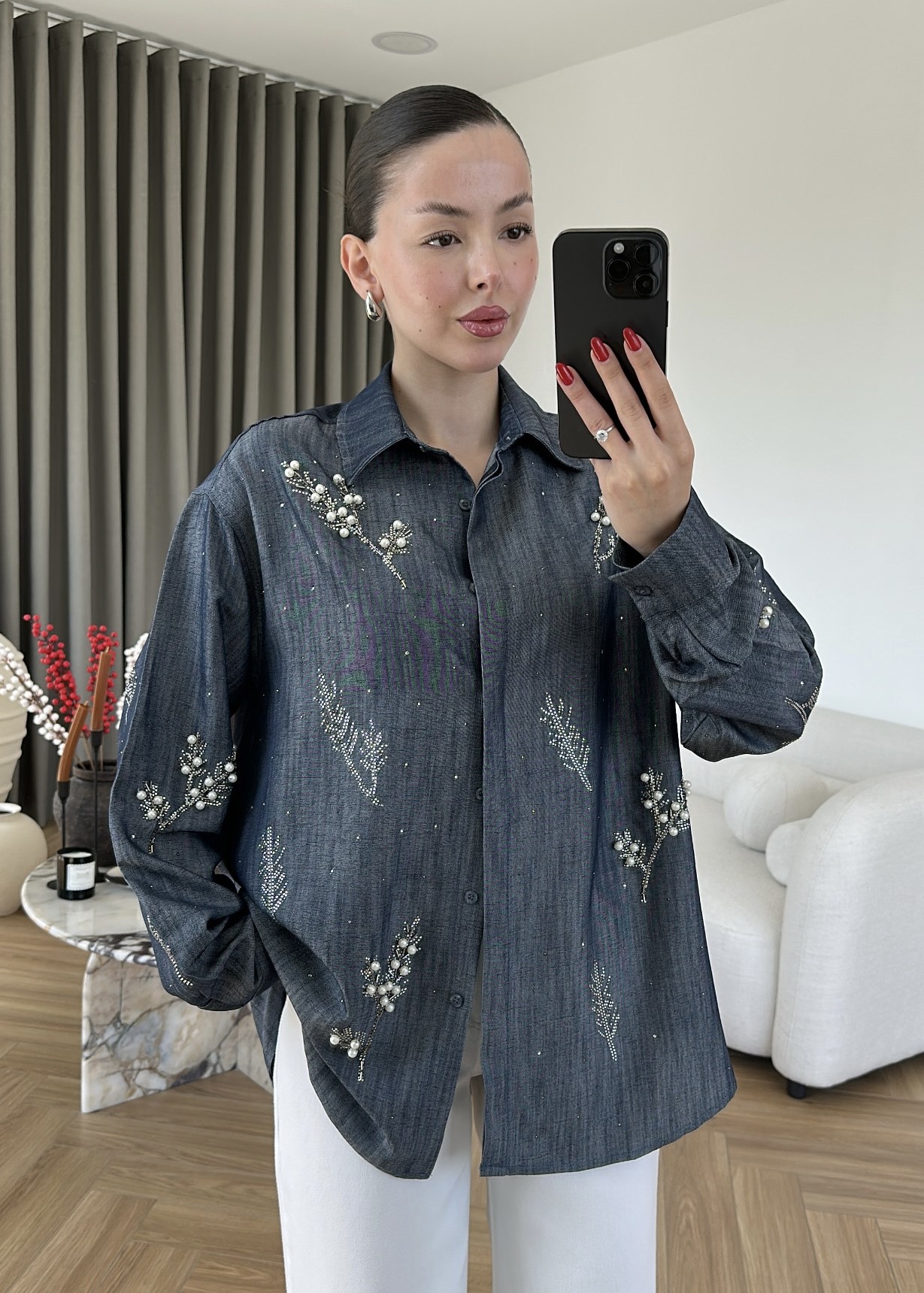 İnci Çakımlı Denim Tensel Gömlek