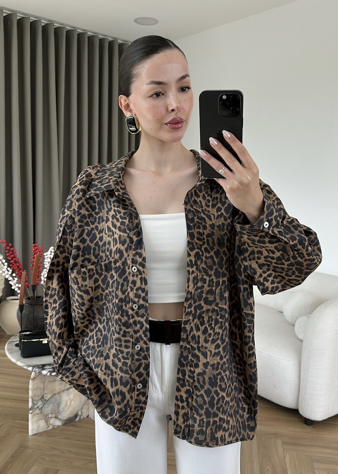 Leopar Düşük Omuzlu Gömlek