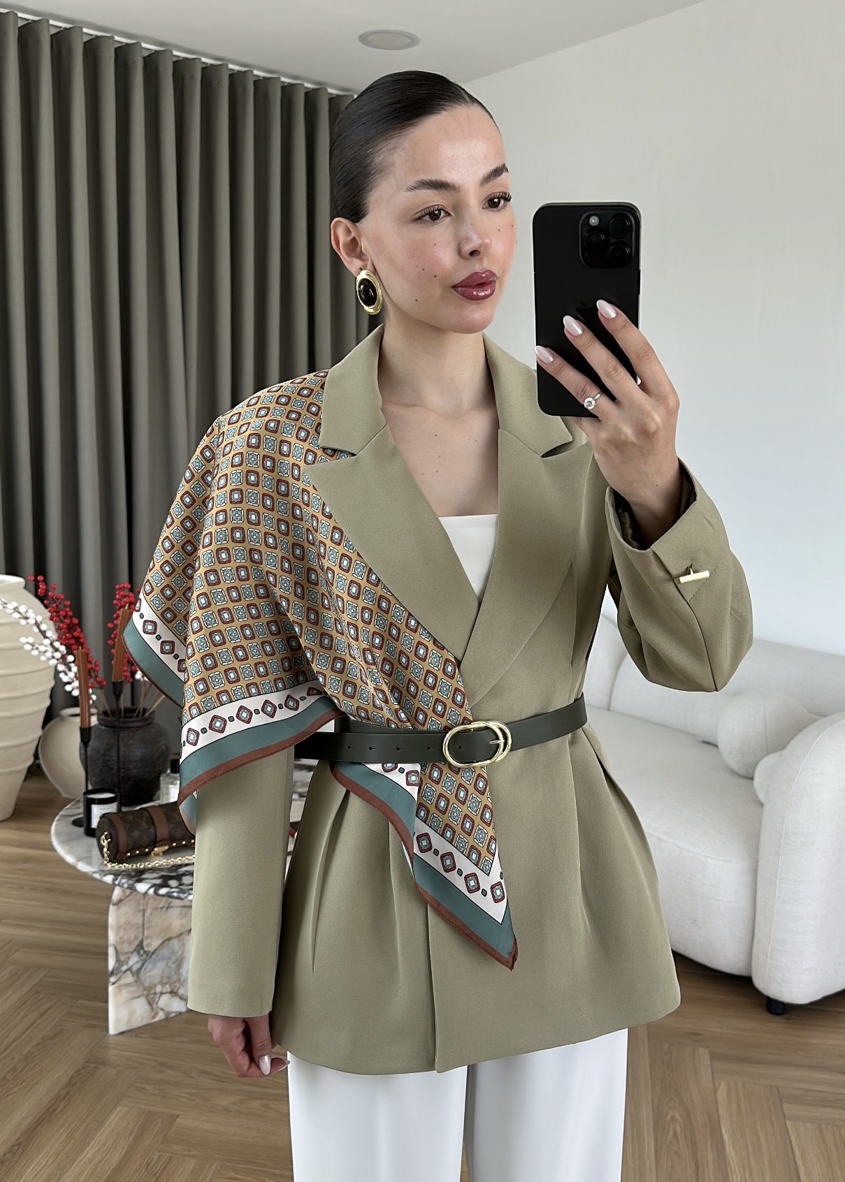 Şallı Deri Kemerli Blazer