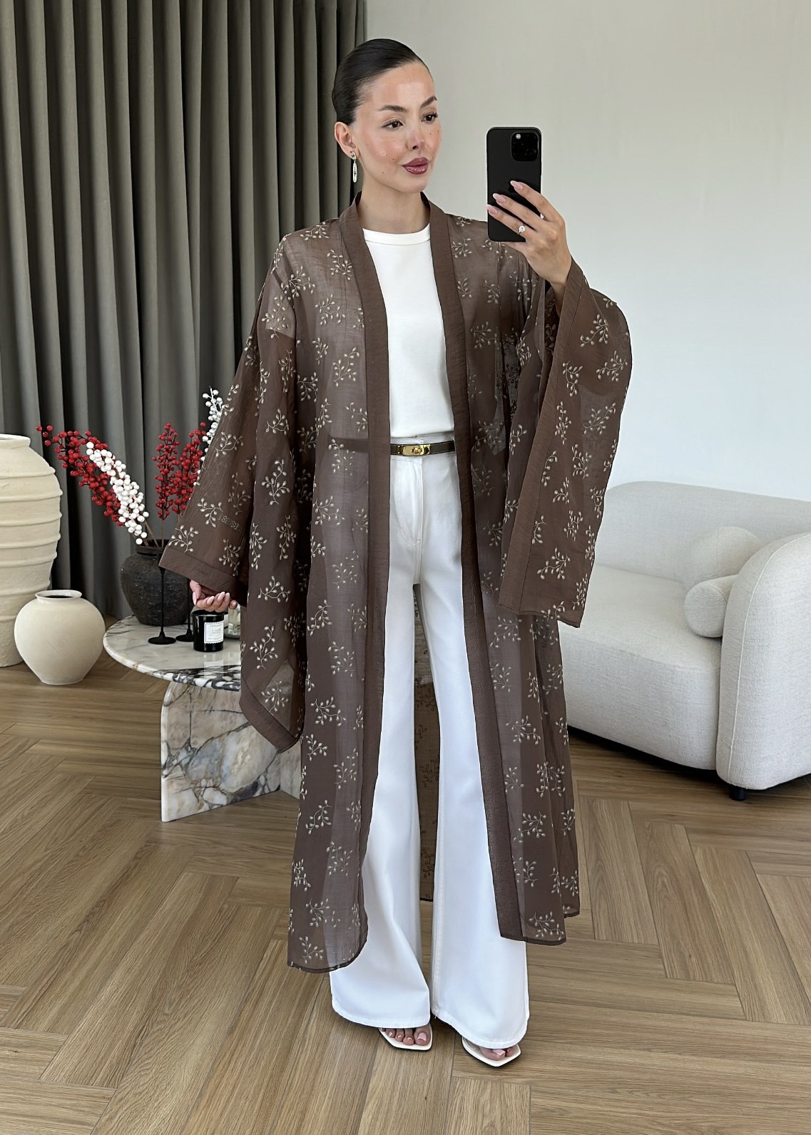 Dal Desenli Kemerli Tül Kimono