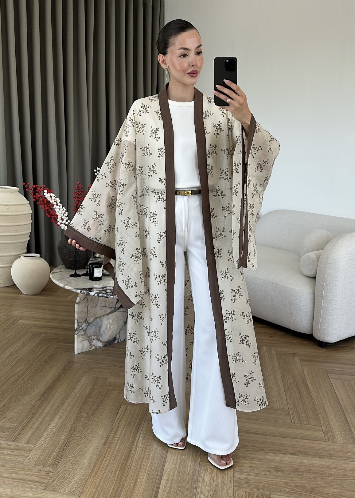 Dal Desenli Kemerli Tül Kimono