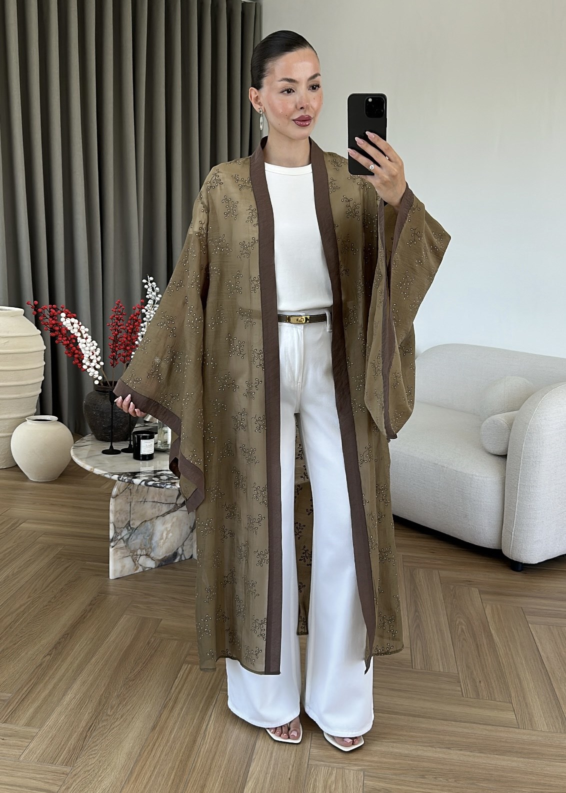 Dal Desenli Kemerli Tül Kimono