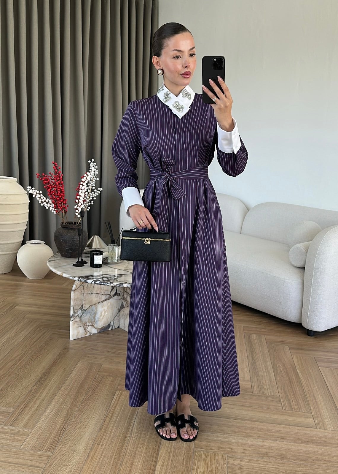 Taş Yakalı Çizgili Elbise