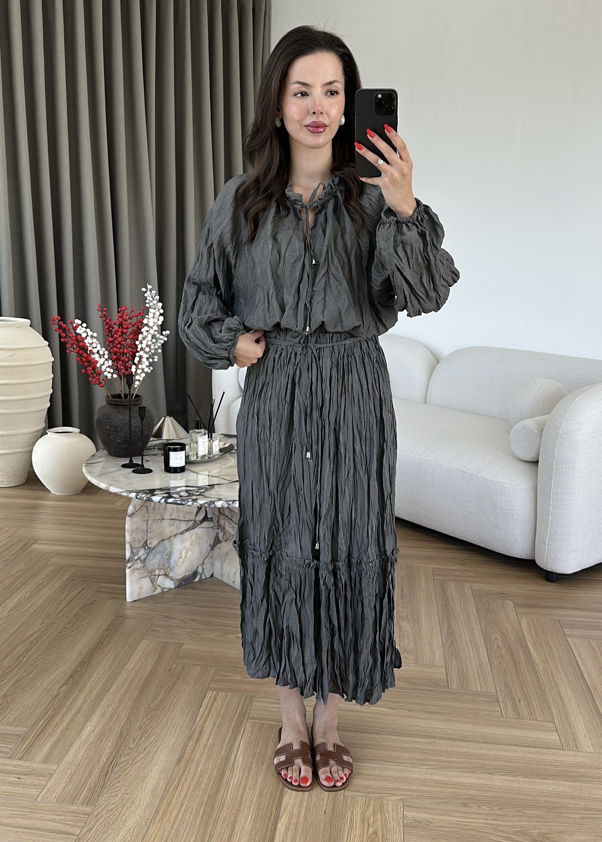 Kırışık Kumaş Etek Crop Takım