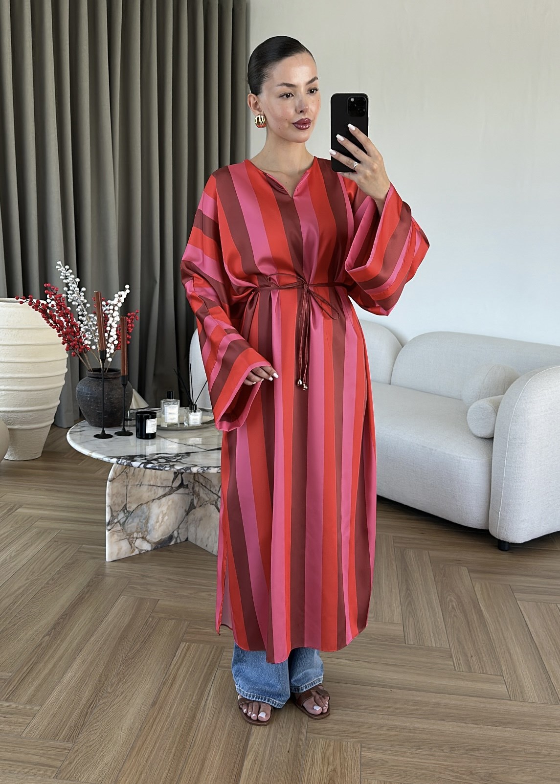 Saten Çizgili Kaftan Gömlek