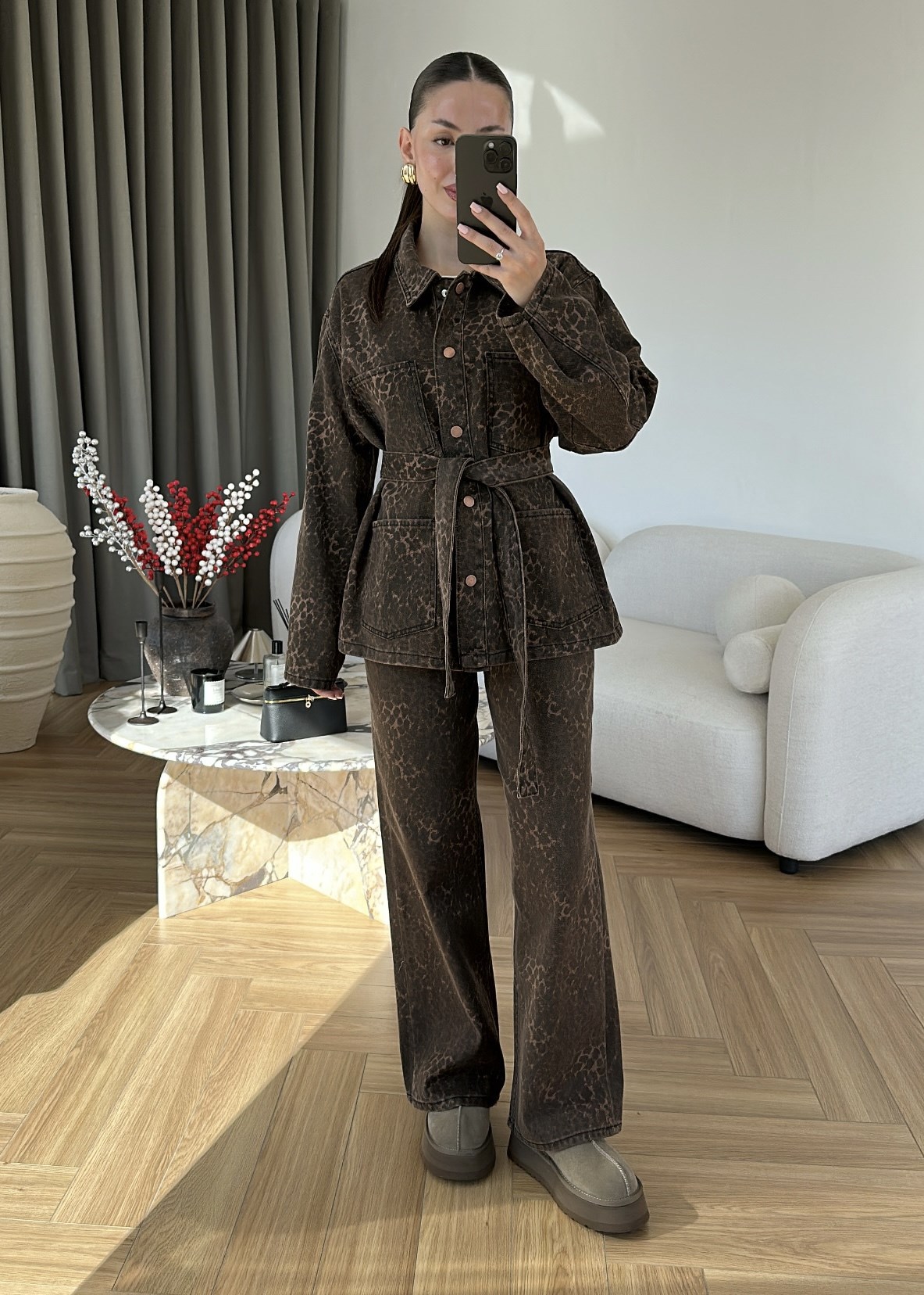 Leopar Desenli Denim Takım