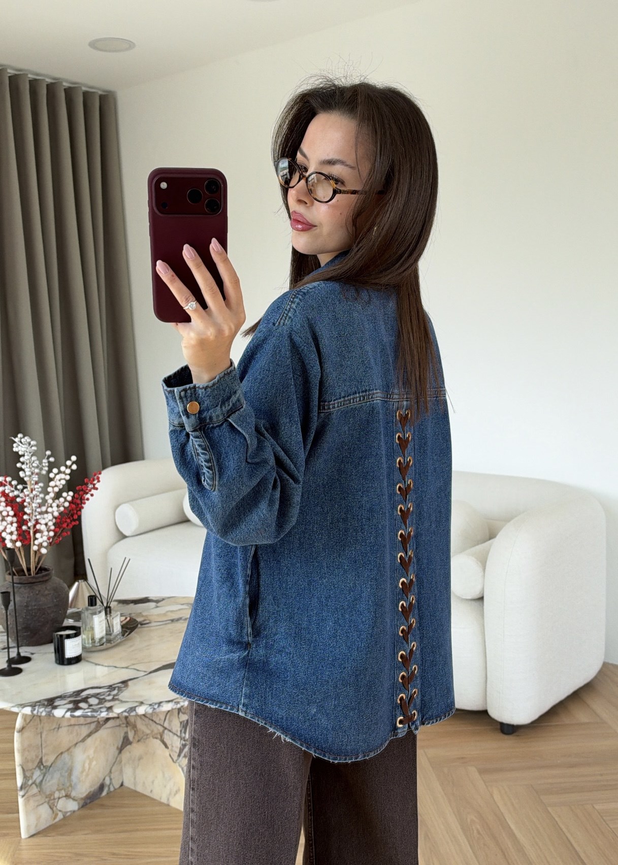 Arkası Bağcıklı Denim Gömlek