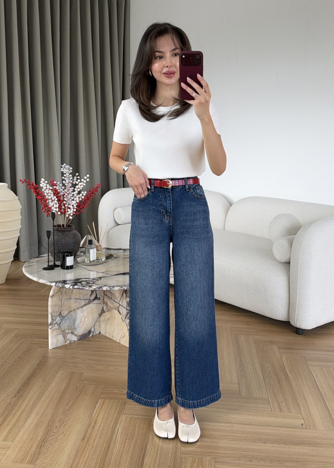 Kırmızı Deri Kemerli Jean