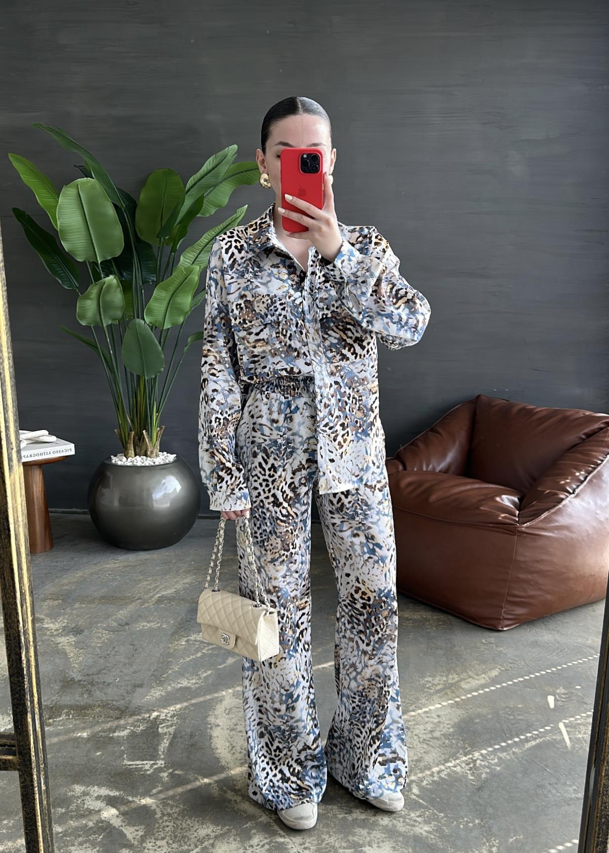 Leopar Desenli Saten Takım