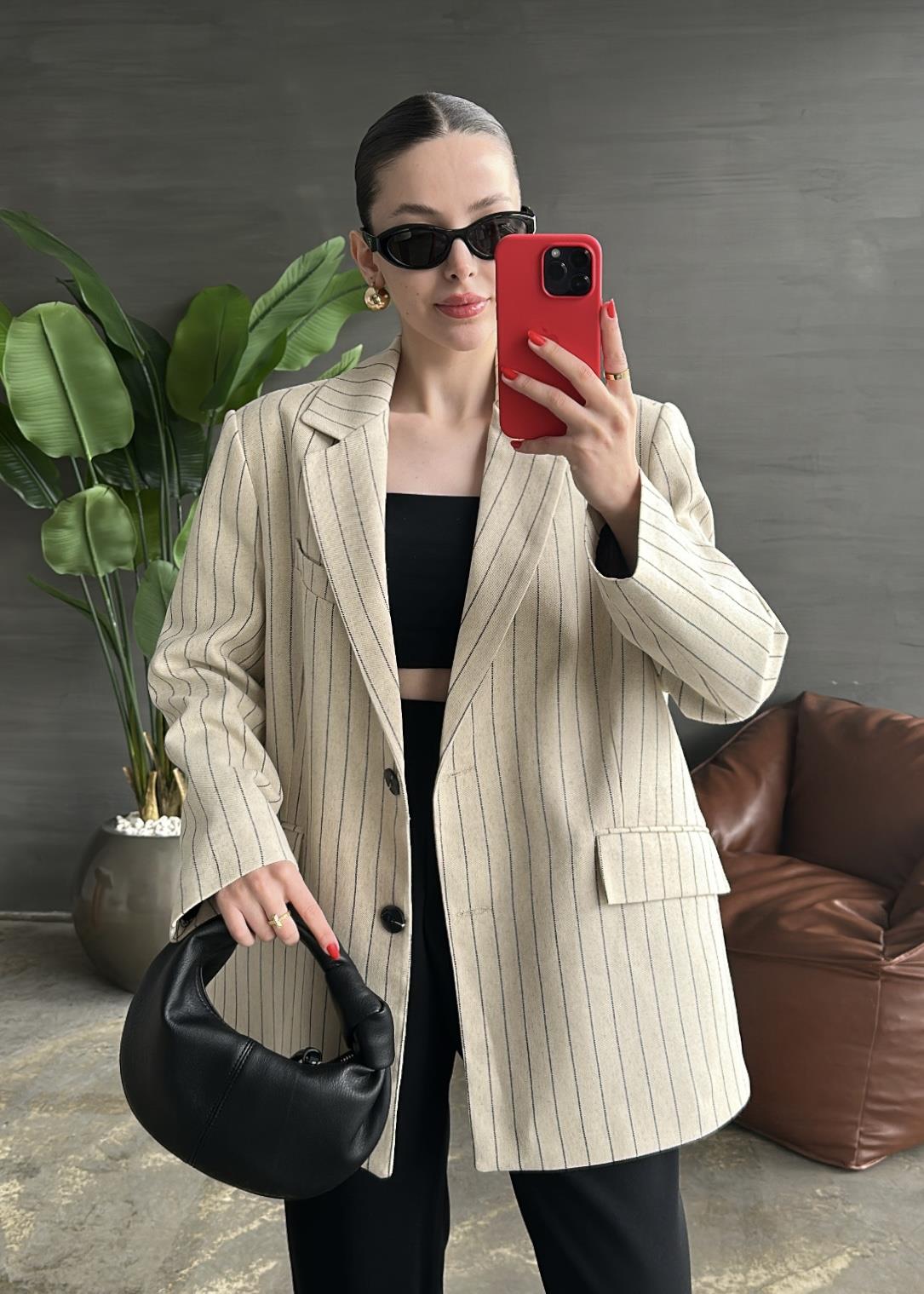 Çizgili Keten Oversize Ceket