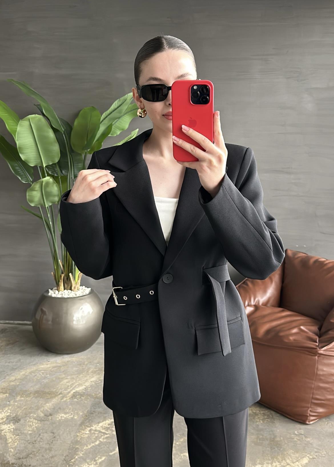 Tasarım Kemer Detaylı Blazer Ceket
