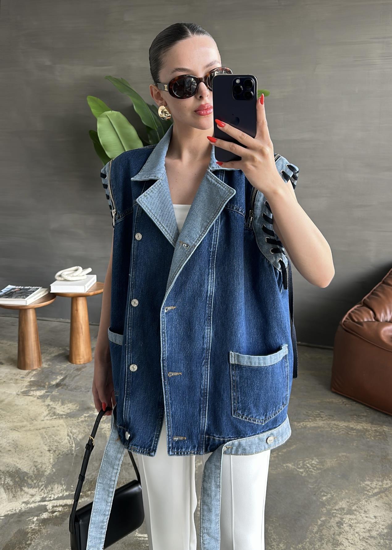 Kuş Gözü Detaylı Denim Yelek