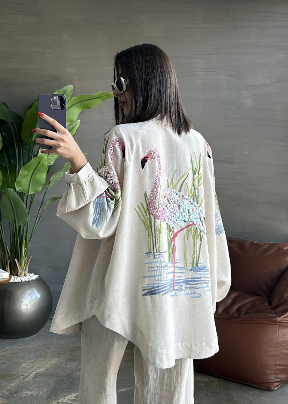 Flamingo Nakışlı ve Pullu Kimono
