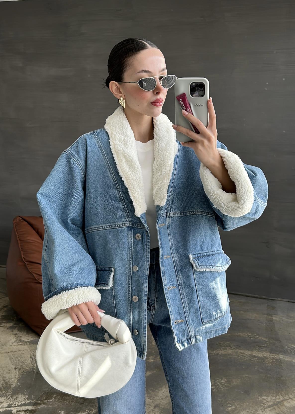 Kürk Detaylı Denim Mont
