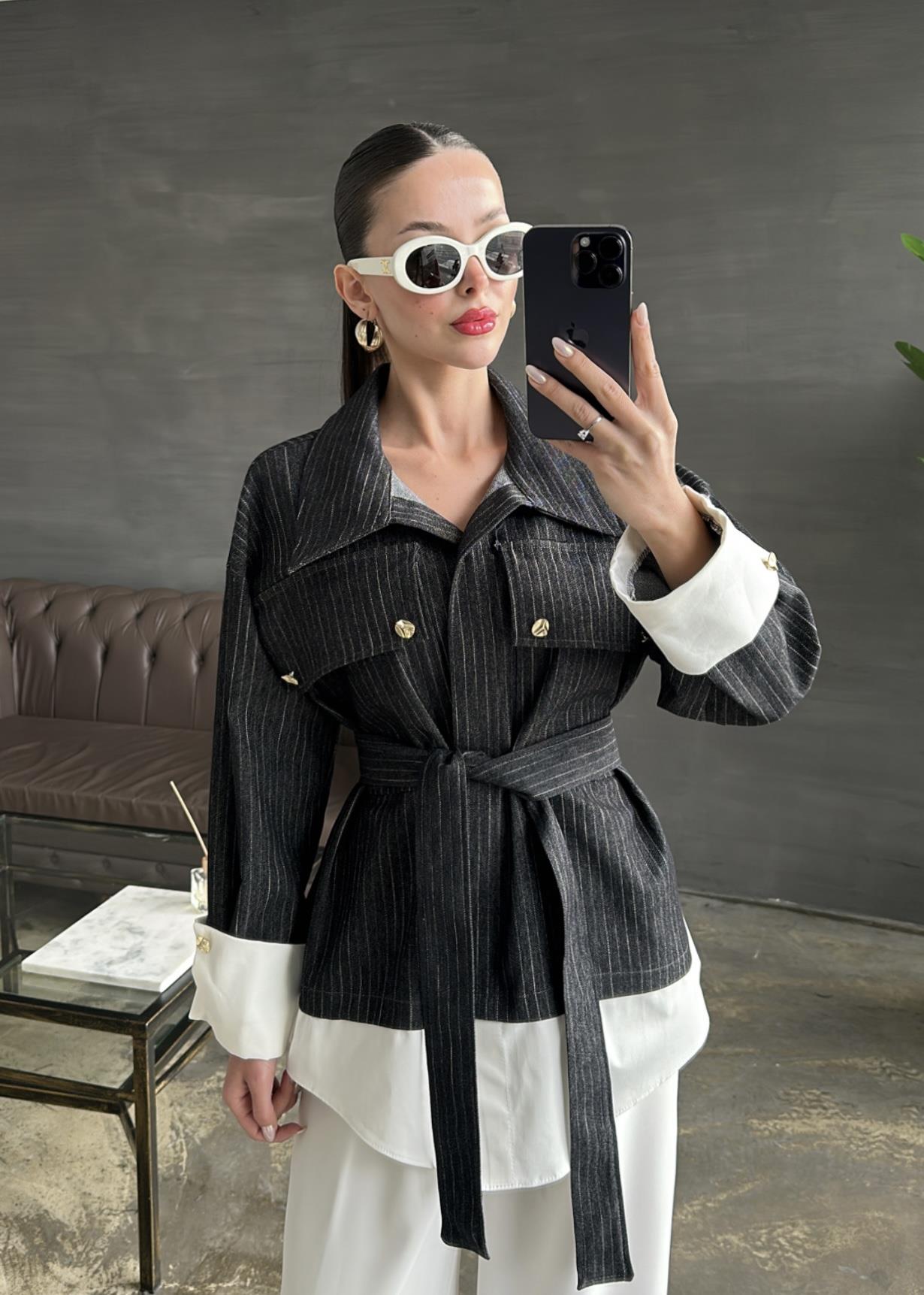 Poplin Detaylı Çizgili Ceket