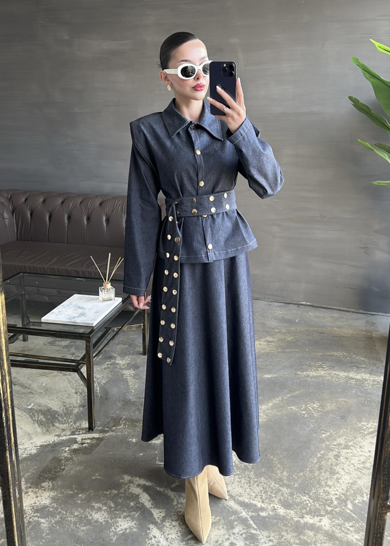 Kemeri Çakımlı Denim Takım