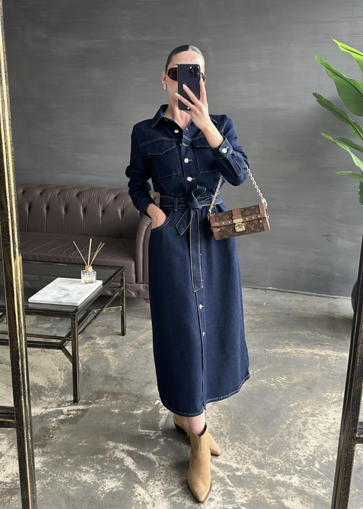 Kuşaklı Uzun Denim Elbise