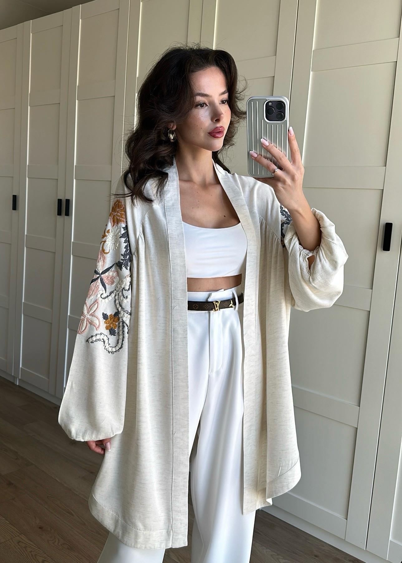 Amy Nakışlı Keten Kimono